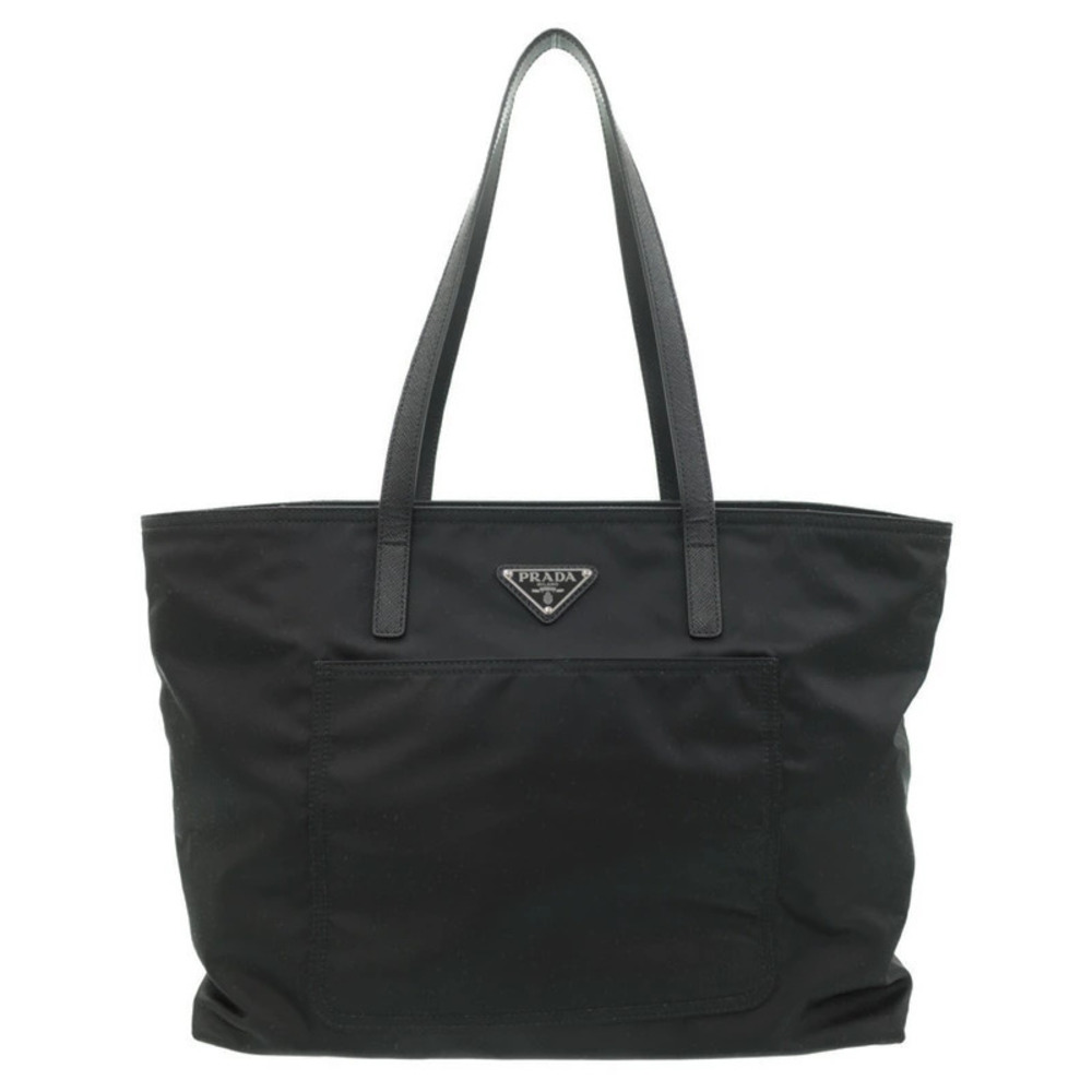 Prada ReNylon Saffiano leather tote bag front pocket Black
